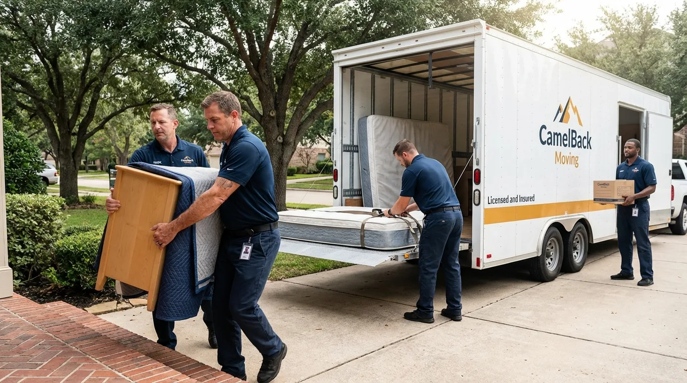 Crew loading residential truck for cross-state move from Woodworth, LA