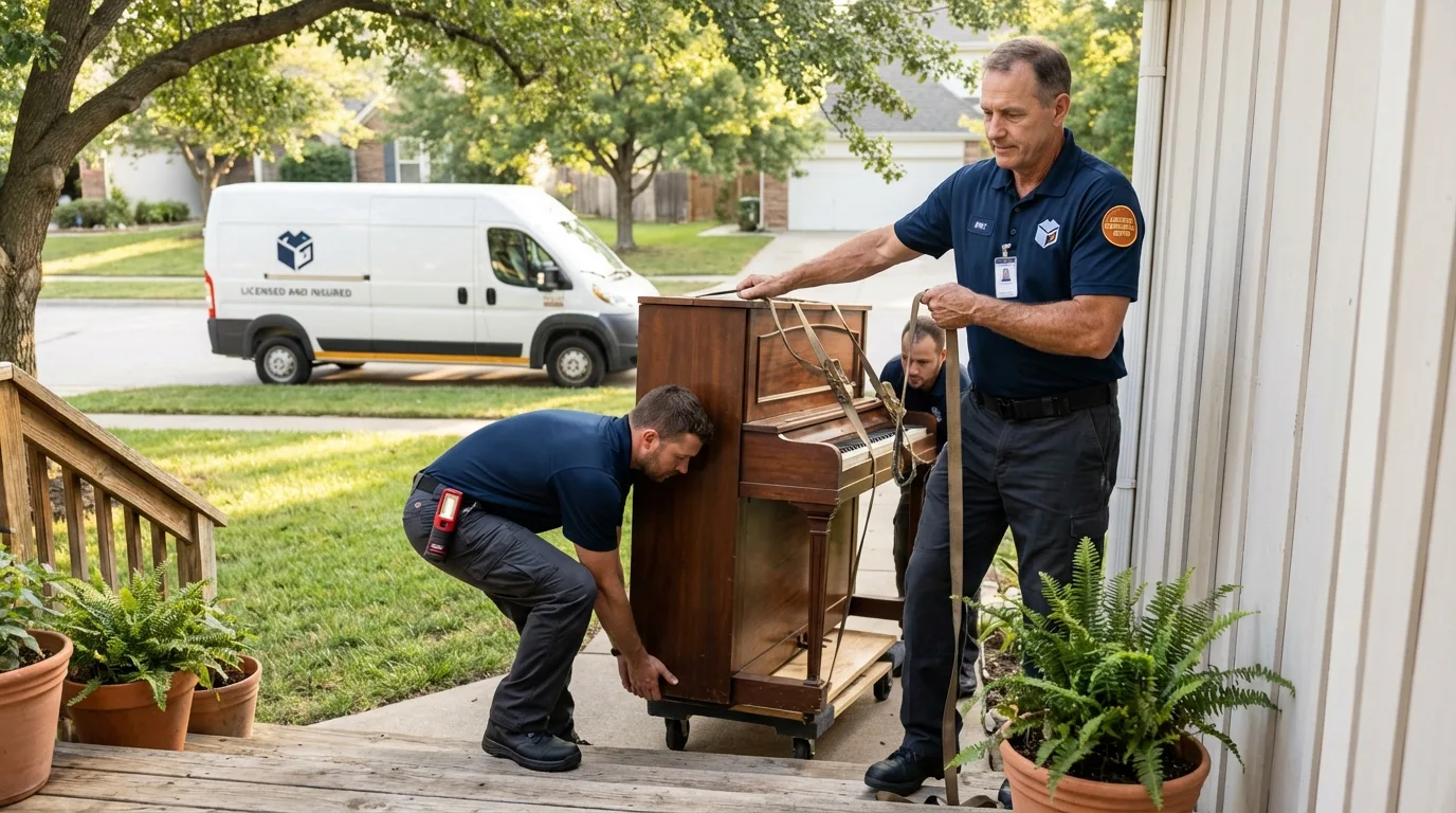 Licensed piano movers securing grand piano in Woodworth, LA