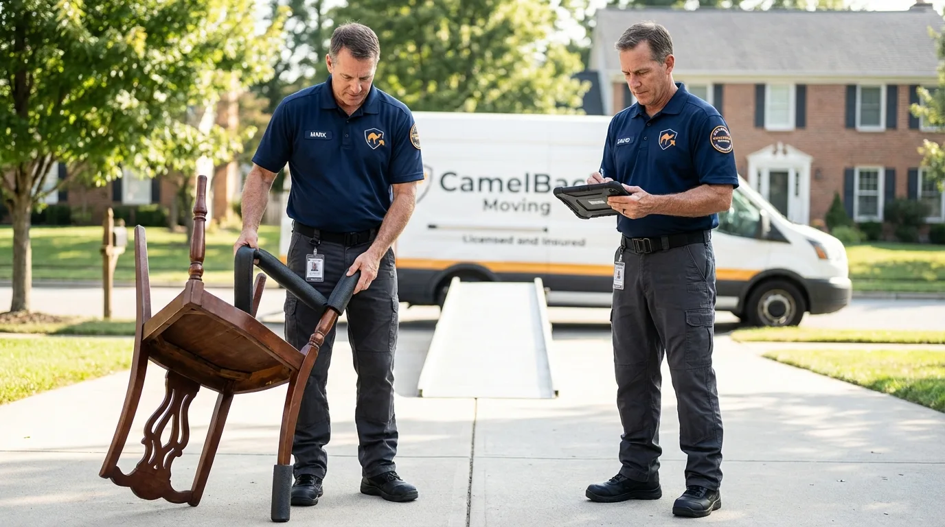 Movers inspecting furniture for damage prevention before loading in Woodworth, LA