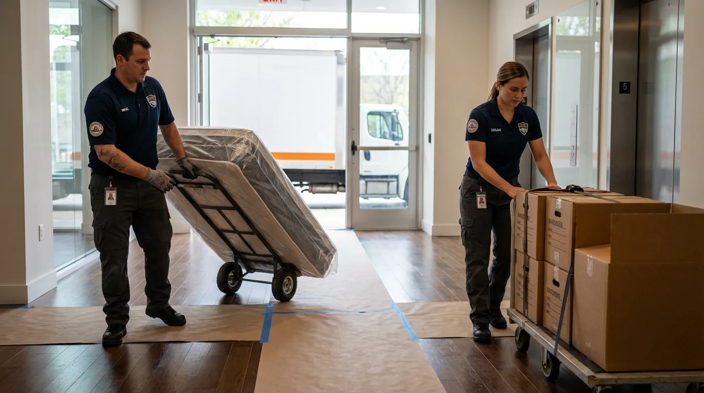 Professional apartment movers loading elevator in Woodworth, LA
