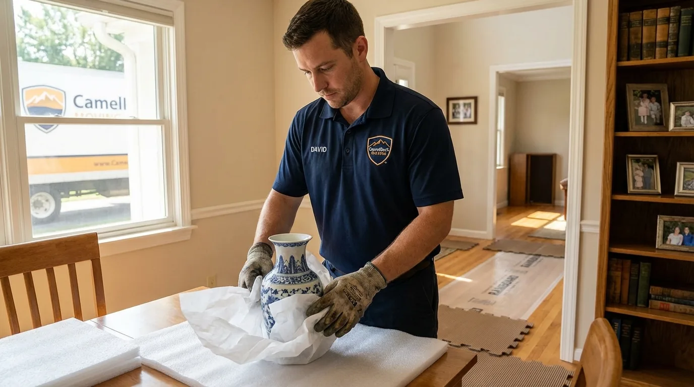 Professional crew carefully wrapping antique vase for senior downsizing move in Woodworth, LA